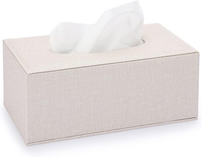 Beige Rectangle Linen Tissue Box Cover with Magnetic Bottom for Home or Office