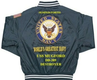 USS MUGFORD DD-389  DESTROYER NAVY EMBROIDERED SATIN JACKET (BACK ONLY)