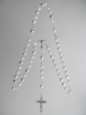  Kommunion Glas Rosenkranz Herz Perlen weiß Rosary  Kette Nr 6157 m. Kelch white