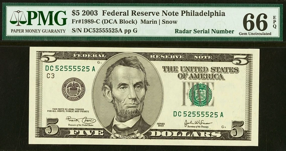 2003 $5 Federal Reserve Note PMG 66EPQ Gem Fancy Radar Serial Number 52555525 - Image 2 of 3