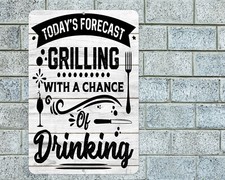 Grilling Drinking Sign Aluminum Metal 8"x12" Kitchen BBQ Barbecue Decor Plaque