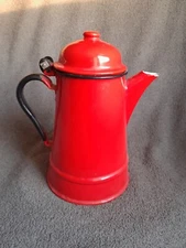 Vintage 2 Liter Red Enamel Milk Pitcher With Lid Farm French House Decor