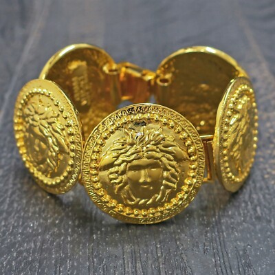 VERSACE Gold Plated Medusa Round Charm Chain Bracelet Bangle #855c Rise-on