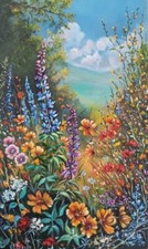 Quadro paesaggio prato fiori selvatici campo floreale originale con lupini opera d'arte