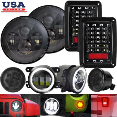 Full Kit For 07-18 Jeep JK JKU 7'' LED Headlight Turn Signal Fog Lamp Tail Lights