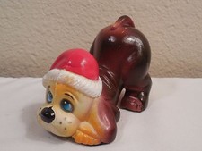 Vintage Hard Plastic Begging Brown Dog Figurine Wearing Santa Hat 4" Long