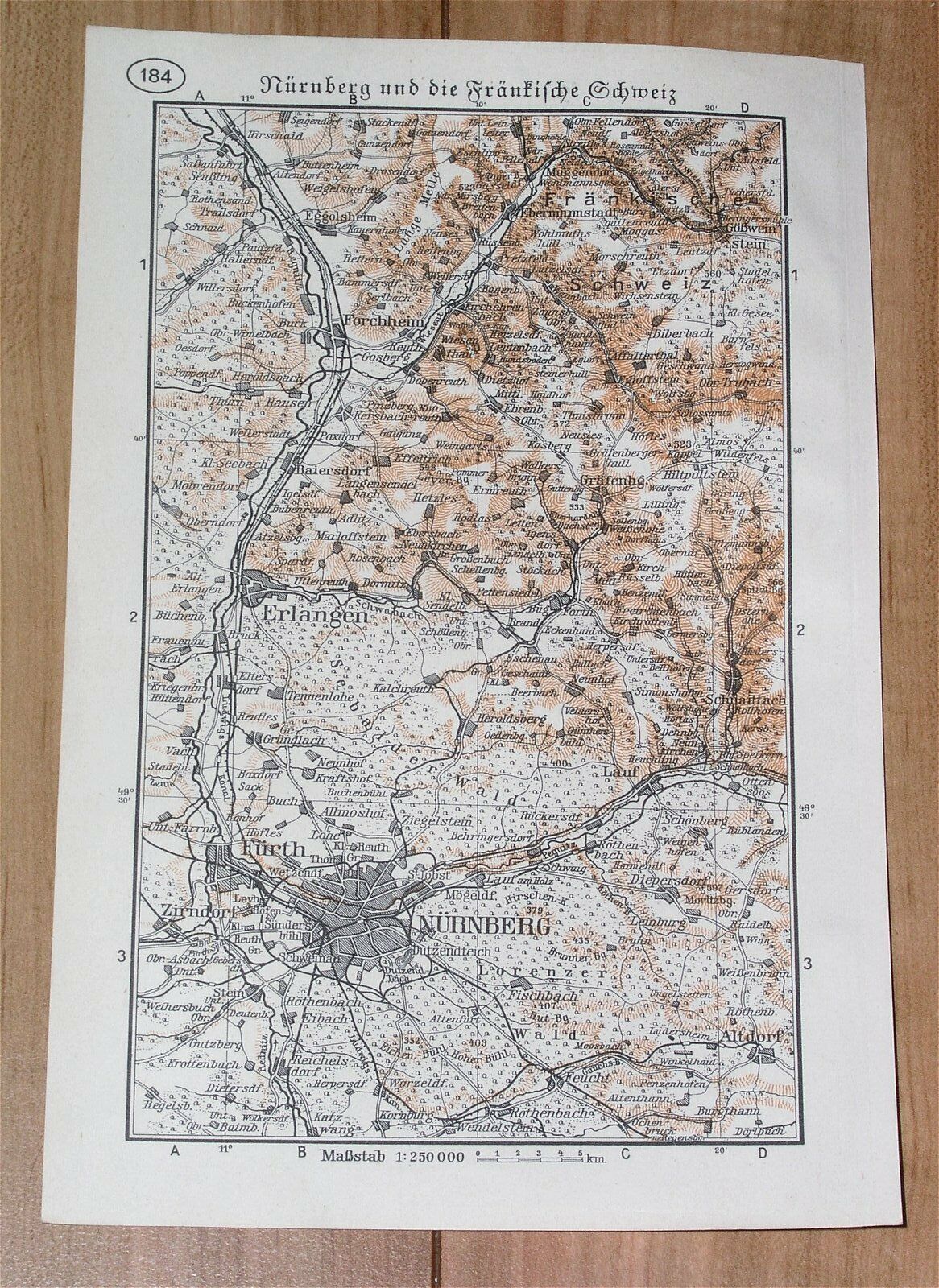 1938 MAP OF NUREMBERG NÜRNBERG ERLANGEN VICINITY FRANCONIA GERMANY BAVARIA