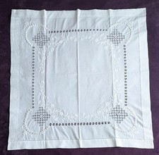 Antique White Cotton Tablecloth, Hand Embroidery,Drawn Threadwork,Square,VGC