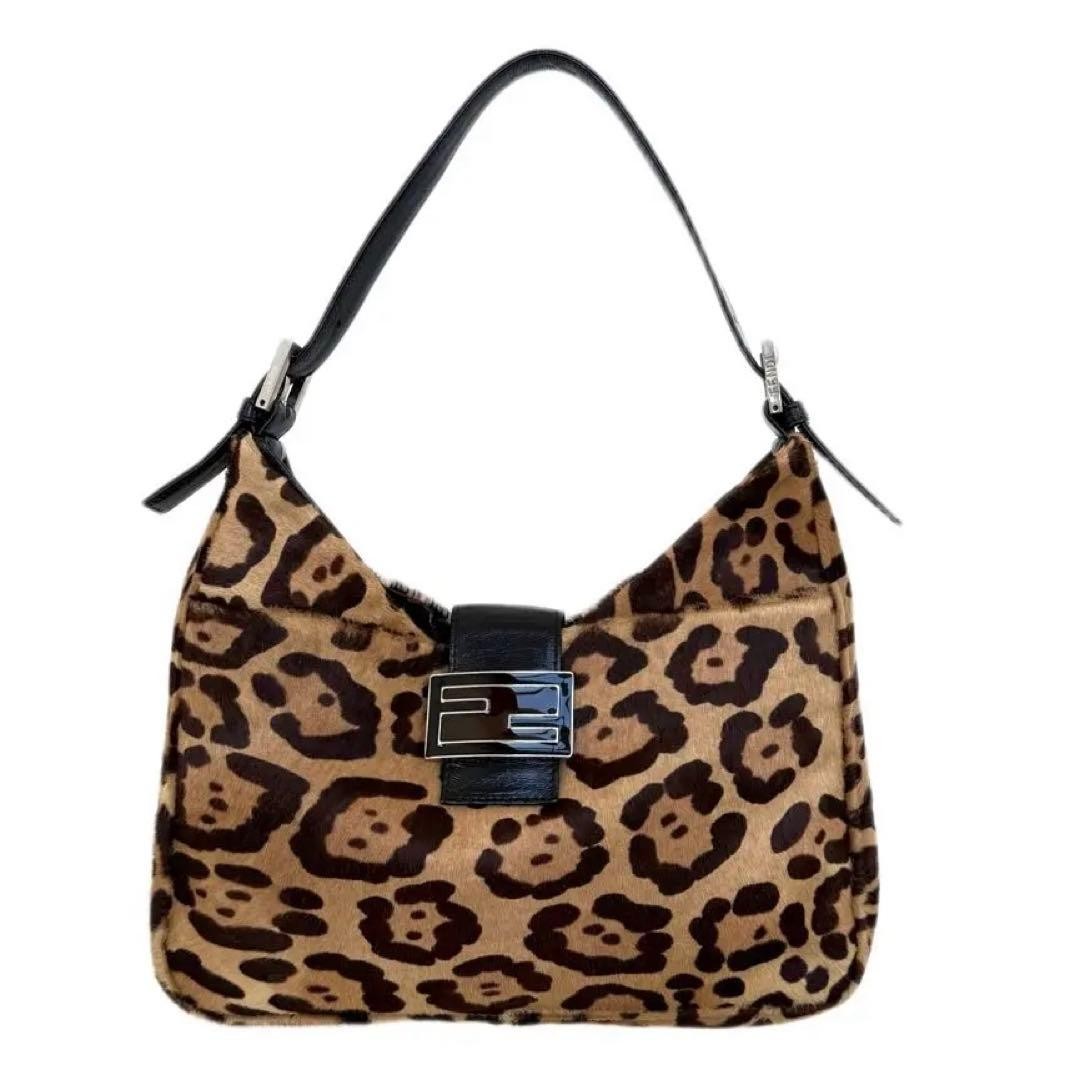 FENDI Baguette Pony Hair Calf Leather Leopard Shoulder Bag Brown