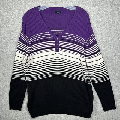 Faded Glory 3X Womens Sweater Vneck Purple White Black Long Sleeve Ribbed Cotton