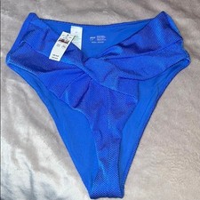 NWT Aerie Real Good High Cut Textured Cheeky Bikini Swim Bottom Blue Small