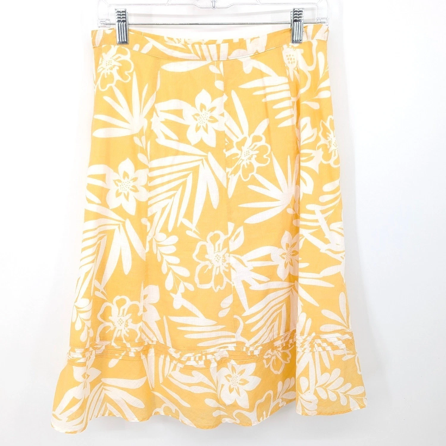Chicos Midi Skirt Womens Medium Yellow Floral Tropical Cotton Ruffle Vacation