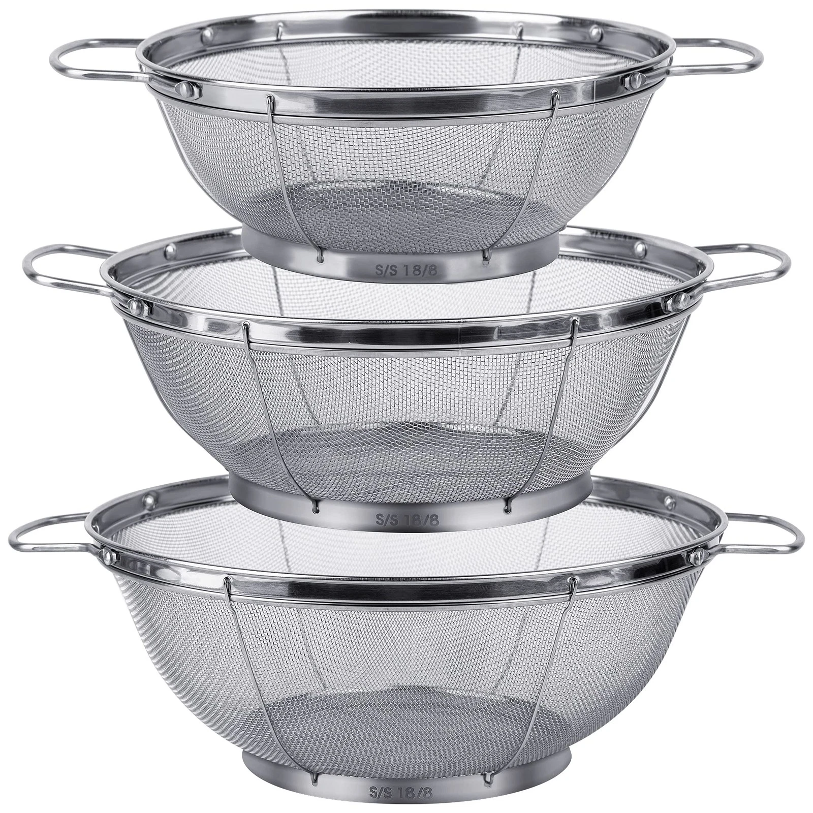 3 Pack 18/8 Stainless Steel Colander Sieves(5-Quart, 4-Quart and 3-Quart), Me...