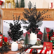 24 Pcs 3 Styles Glitter Christmas Tree Picks and Holly Berry Stems Christmas ...