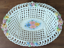 Antique Woven Tray Porcelain Manises Vintage 60s Shabby Chic Retro