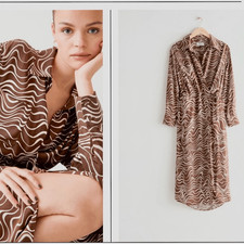 & Other Stories  Long Sleeve Wrap Dress Midi Brown/White Pattern Collared 8/Med