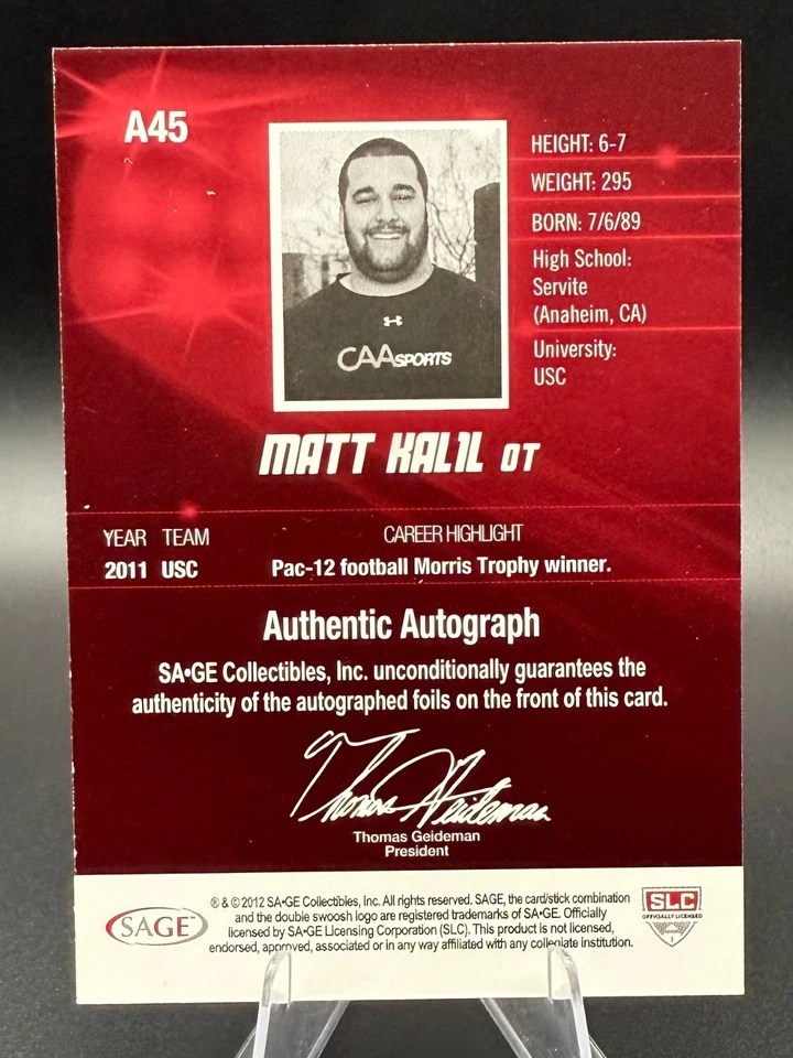 Matt Halil 2012 Sage USC Trojans Card #A45 Authentic Autographed Football Card - Image 2 of 3