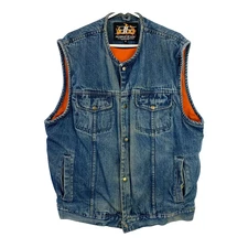 Vintage Bikers Edge Orange Lined Denim Snap Jean Vest Moto Mens XL