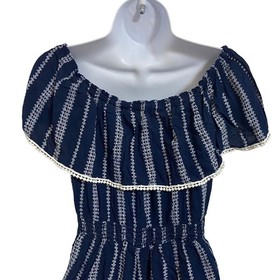 Lulus Navy White Embroidered Off Shoulder Ruffle Romper Boho Coastal Size Medium