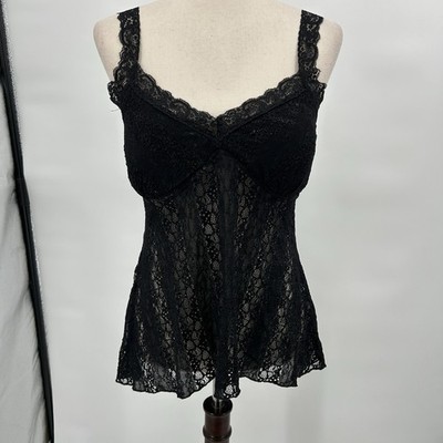 Vintage Y2K MKM Black Sheer Lace Babydoll Cami Top M Whimsigoth Fairy Romantic