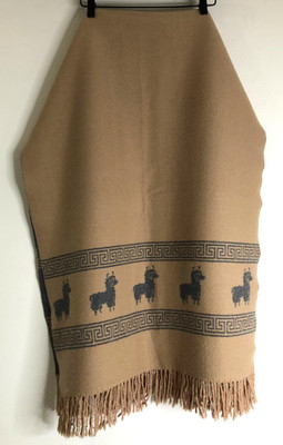 Alpaca 26'' X 74'' Scarf Wrap Fringe Reversible Tan & Gray Alpaca Figure No Tags