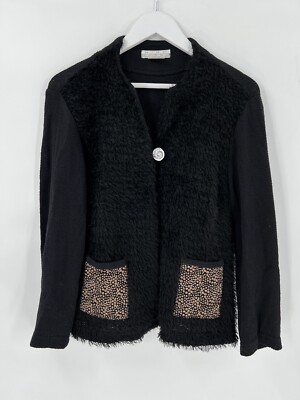 Nino Wong Womens Vintage Jacket XS Black Faux Fur Spotted Pockets One Button