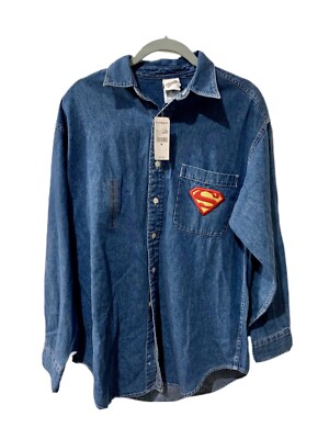 NWT Vintage Warner Bros Superman Men s Small Button Down Denim Jean Shirt 90s
