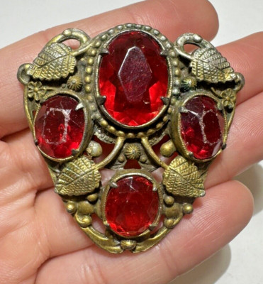 Vintage Riesiges Kunst Deko Rot Rubin Glas Strass Blätter Shield Blume Pelz Clip