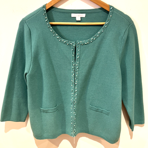 Roz and Ali Woman’s Teal Beaded Cardigan Sweater Cotton Blend Fancy Classic Sz L - Picture 18 of 19