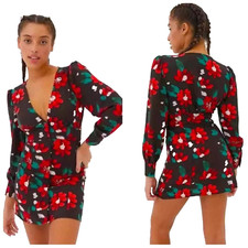 Urban Outfitters Michelle Mini Dress Womens S Plunging Long Sleeve Black Floral