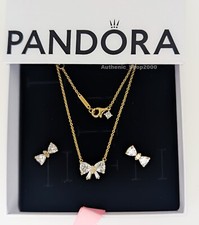 New 100 PANDORA 14K P Sparkling Bow Stud Earrings Necklace Jewelry Gift Set