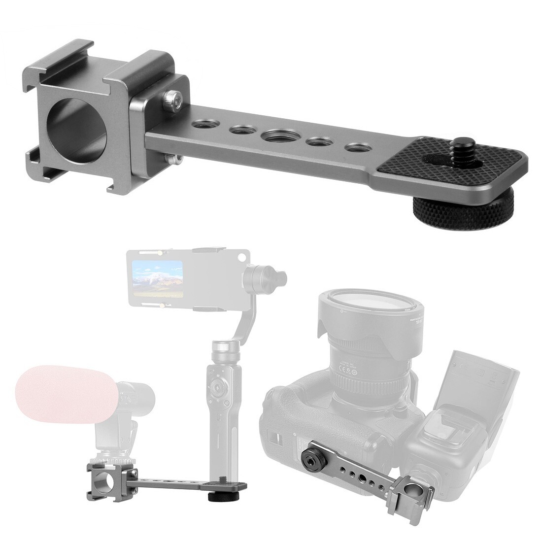 Triple Cold Shoe Mount Bracket Extension Bar with 1/4 Inch & 3/8 Inch Thread