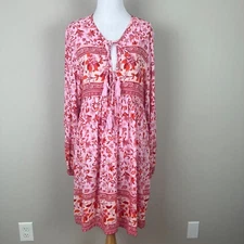 R.VIVIMOS Dress Womens XL Pink Red Floral Long Sleeve Babydoll Boho Tassel 16/18