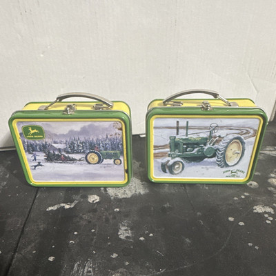 John Deere Tractor MINI 4   Metal Lunch Boxes Tins w/ Handles & Latches Lot of 2