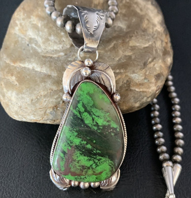 Native Green Gaspeite Pendant Necklace Sterling Silver Necklace 13996