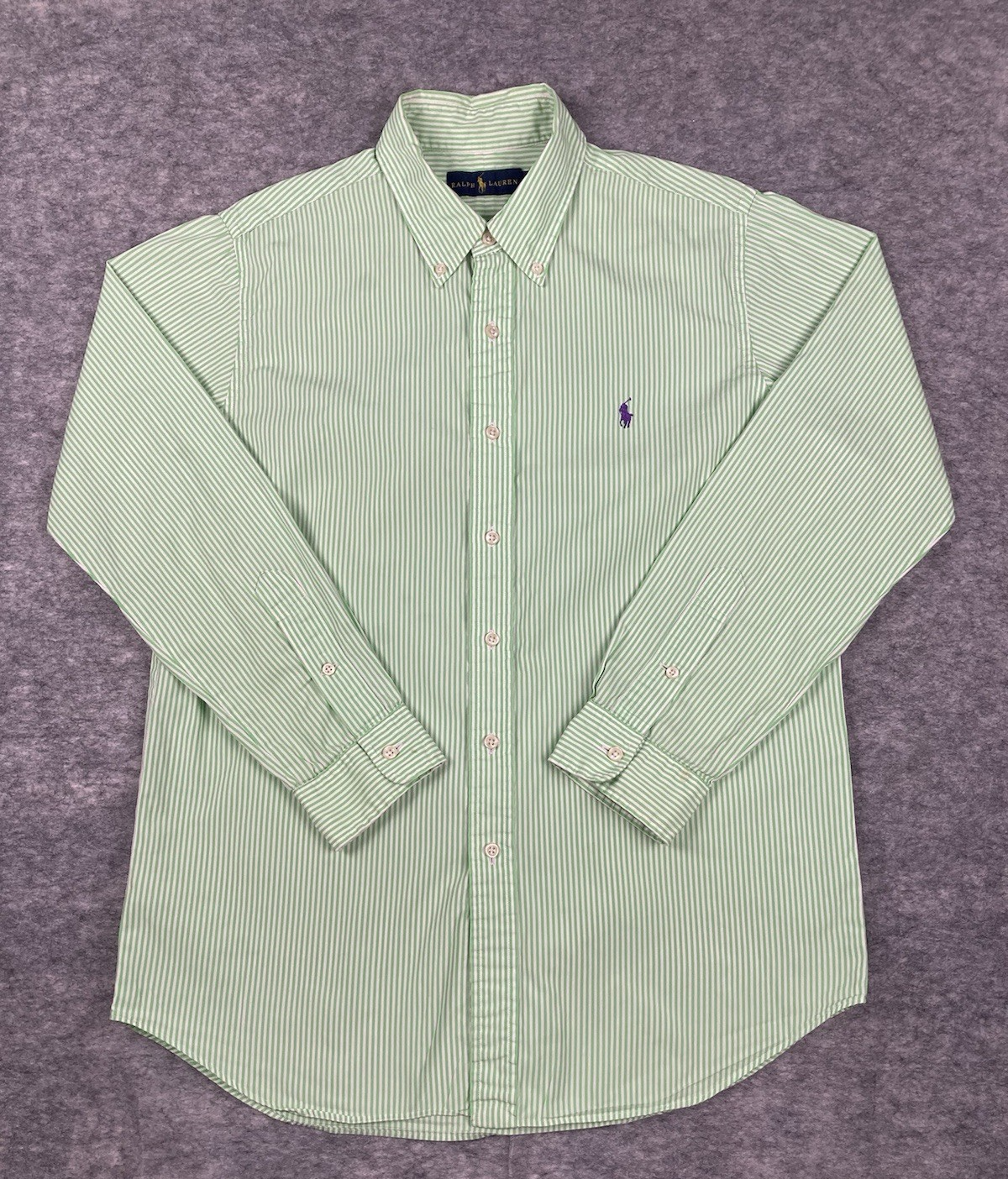 Ralph Lauren camicia uomo L verde a righe manica lunga abbottonata viola pony