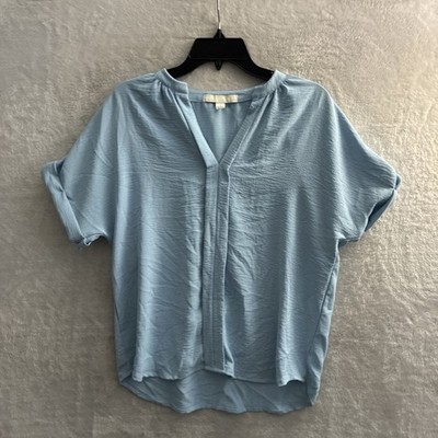 Juniper + Lime Womans Blouse Top Blue Solid Medium Polyester Short Sleeve V Neck