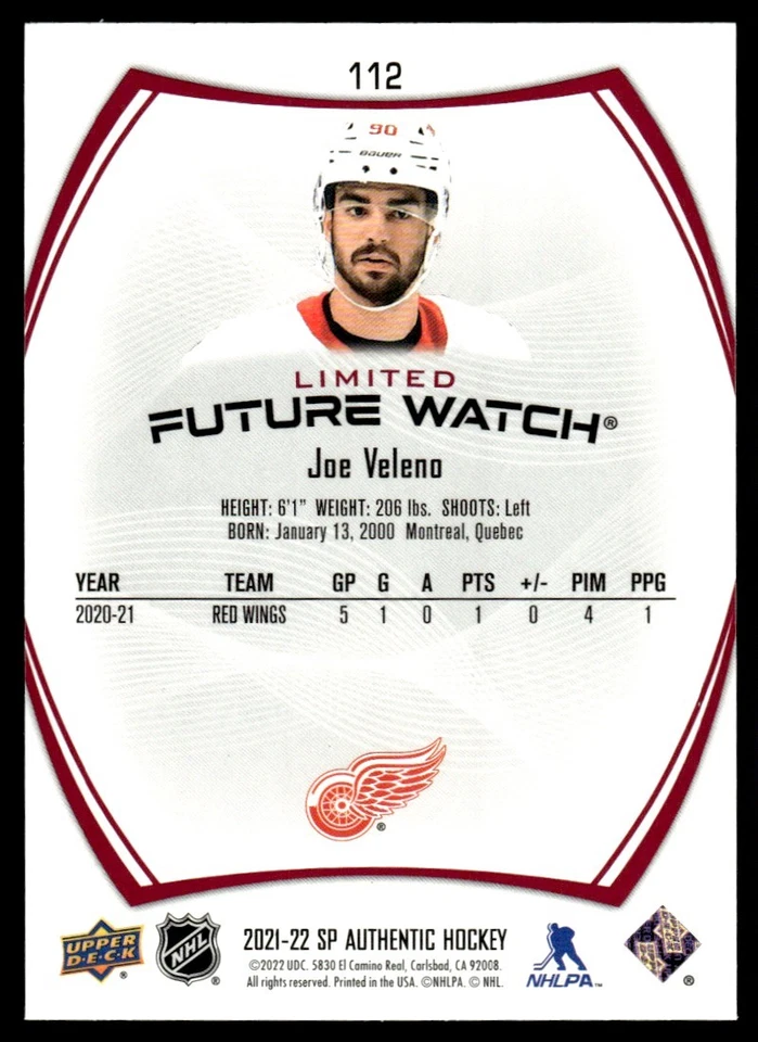 2021-22 SP Authentic Future Watch RED  Joe Veleno Detroit Red Wings #112 - Image 2 of 2