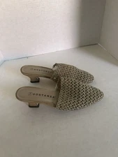 Vintage Sostanza Women's Tan Fabric Slip On Mule Mid Heel Shoes Sz 7 1/2 NWNB