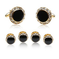Men's Black Enamel and Crystal Gold Cufflinks and Studs Tuxedo Formal Set - 3...