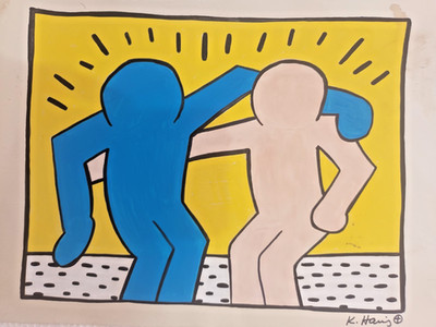 KEITH HARING drawing on old paper signed vintage
