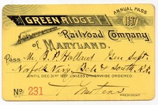 1897 Green Ridge Railroad Company of Maryland Annual Pass to B. P. Holland