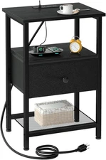 Nightstand with Charging Station, End Table Storage Fabric Drawer, Black 
