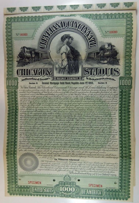 OH&IN. Cleveland, Cincinnati, Chicago & St. Louis Railway Co, 1893 Specimen Bond