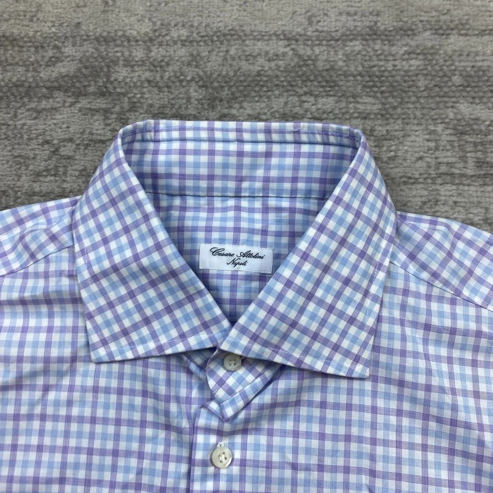 Cesare Attolini Napoli Oxford Button Shirt Medium 17.5 Purple White Dress Mens - Image 3 of 4