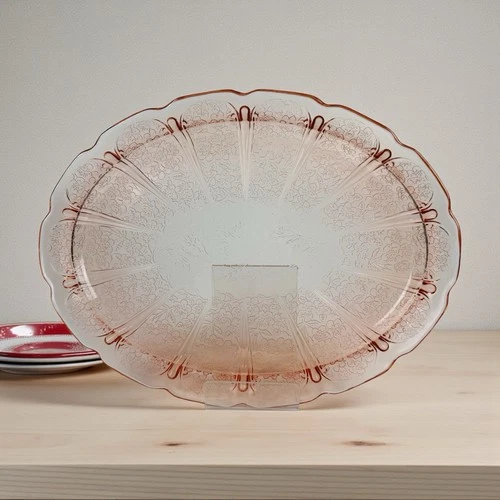 Pink Jeannette Cherry Blossom Oval Platter 13” x 9.75” Depression Glass