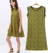 Zara Womens Size Small Sleeveless Shift Dress Yellow Navy White Geo Button Back