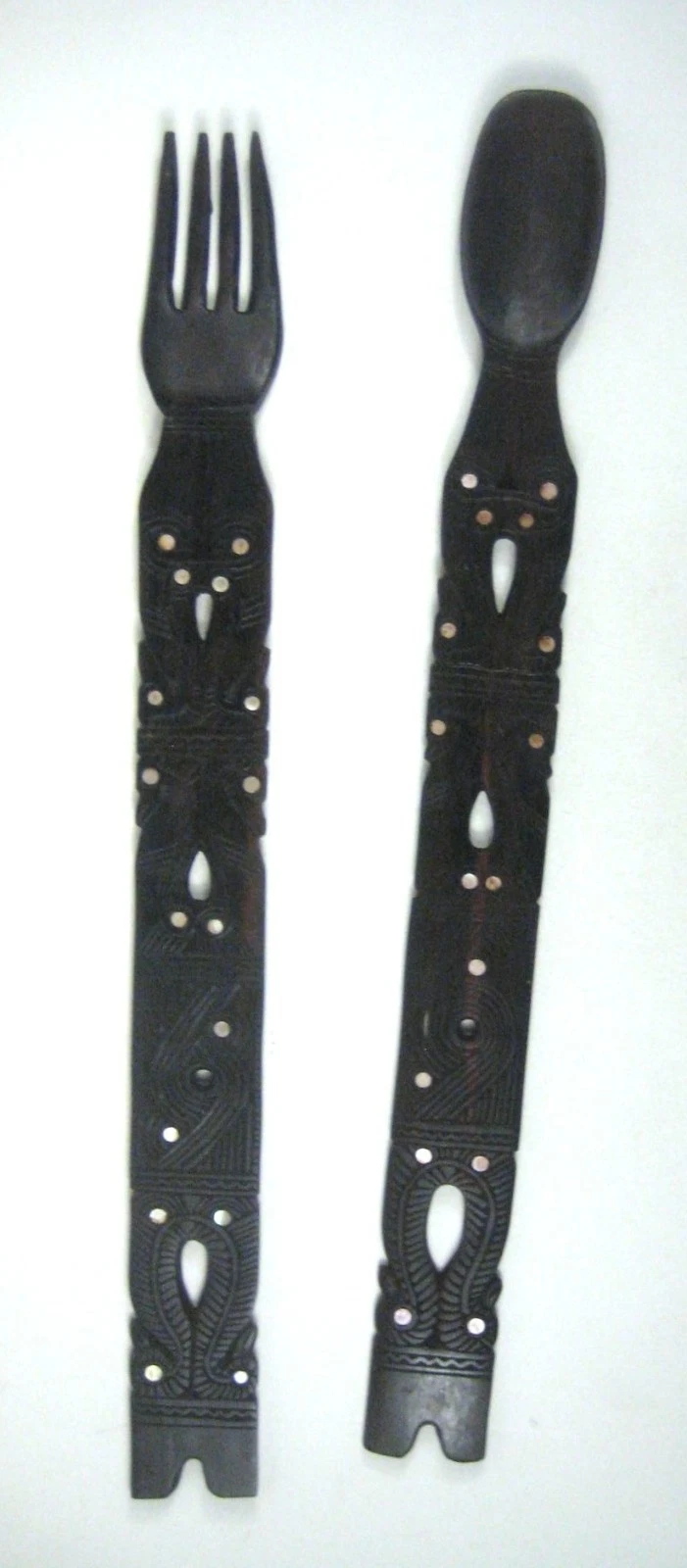 Carved Wooden Fork Spoon Salad Serving Set Tribal Home Kitchen Decor Inlay