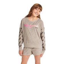 Justice Girls Cozy Fleece Long Sleeve Top  Sleep Short Pajama Set Size S 7-8 