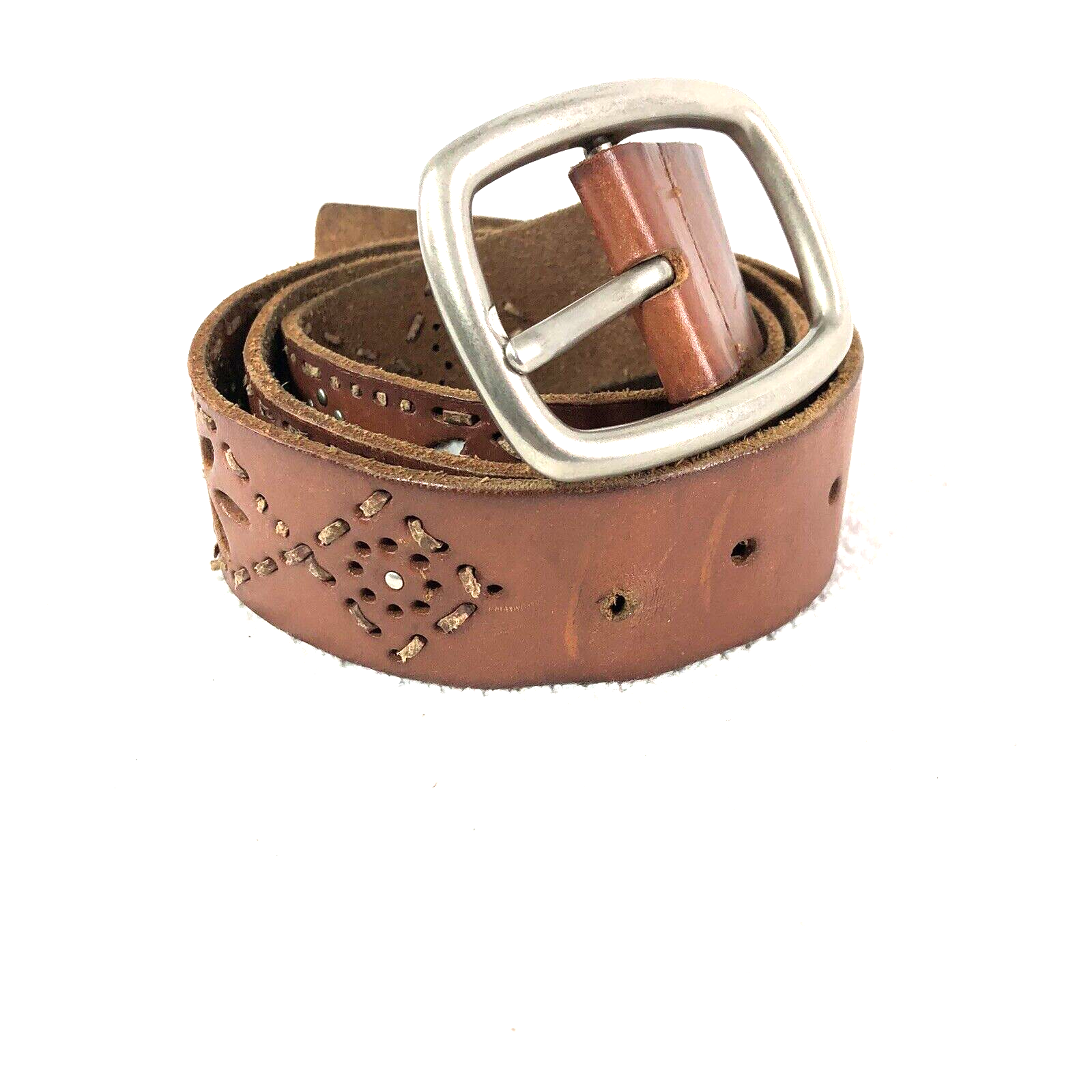 Laser-cut brown rawhide leather studded cowgirl belt with silver buckle for women